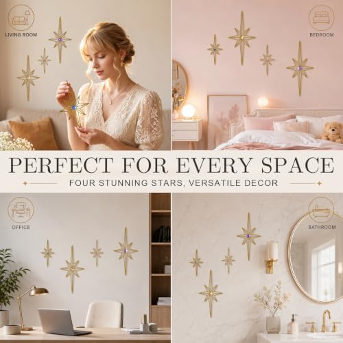sxnzequnze 4 Pcs Star Wall Art for Home Decor Living Room Bedroom Office Metal 3D,Bling,with Hanging Hook Starburst Midcentury Sculpture Retro Gallery Accent Celestial -Gold 16.5in/9.4in - Image 6