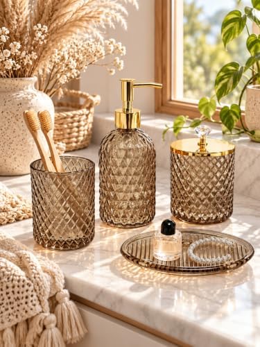 Haturi Glass Bathroom Accessories Set, Amber Brown Bathroom Set, 4 Pcs - Image 6