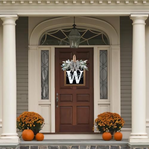 Ultra Large 14'' Last Name All Year Round Front Door Wreath with 26 Initial Letter Welcome Sign All Seasons Eucalyptus Garland and Bow Wreaths for Front Door Porch Farmhouse Decoration(W) - Image 6