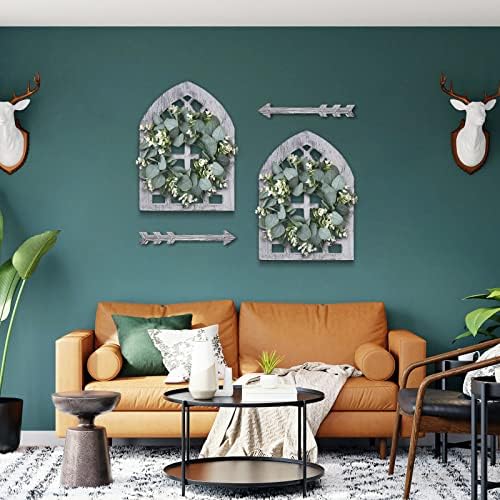 WAKOSAN Rustic Wood Window Frame Wall Decor with Wreath & Arrows Set of 2 - Image 5