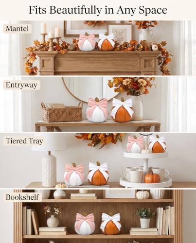 Decorative Resin Pumpkin Figurines Orange White with Bow Fall Decor Harvest - Image 5