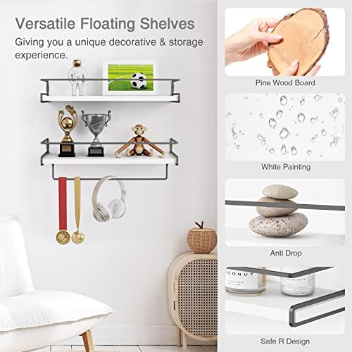 Forbena White Floating Shelves for Bathroom Organizer Over Toilet, Bathroom Shelves Wall Mounted with Towel Rack, Corner Wall Shelf for Bedroom Decor Kitchen Storage (White-Dark Grey, Set of 2) - Image 7