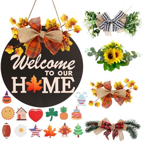 Interchangeable Welcome Sign for Front Door Decoration with 4 Seasonal Wreaths and 14 Holiday Icons, Black Welcome Door Hanger, Rustic Wooden Front Porch Sign Home décor（Black） by HOME