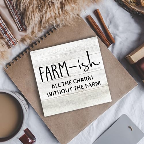 Rustic Farmhouse Wood Box Sign, Farmhouse Desk Shelf Decor, Farm-Ish All the Charm without the Farm Wooden Block Plaque Box Sign for Farmhouse Home Living Room Bedroom Table Decor - Image 4