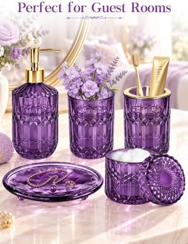 Haturi Purple Bathroom Accessories Set, Glass Bathroom Set, 5 Pcs - Image 6