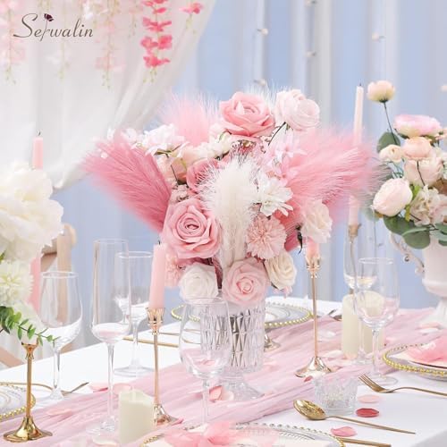 Serwalin 60PCS 17.7" Pink Pampas Grass Boho Feathers Decor for Home Decor - Image 3