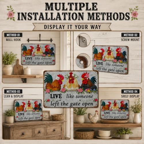 Funny Chicken Metal Signs Vintage Rooster Farmhouse Decor for Kitchen Chicken Coop Lovers Rustic Country Wall Art Sign Gift Live Like Someone Left The Gate Open Tin Sign 12x16 Inch - Image 4
