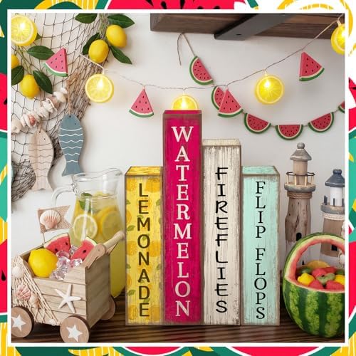 Lineshading 4 Pcs Summer Table Decoration Wooden Book Lemon Watermelon Sign - Image 2