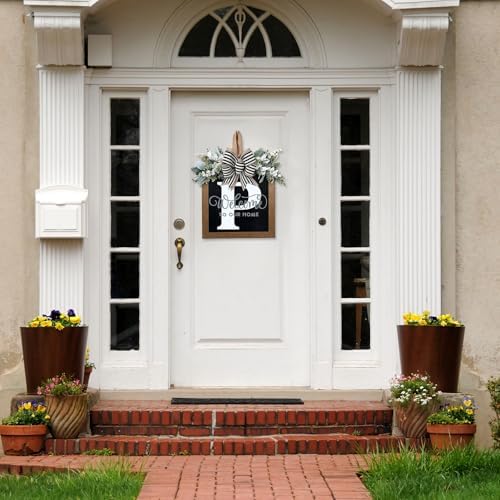 Ultra Large 14'' Last Name All Year Round Front Door Wreath with 26 Initial Letter Welcome Sign All Seasons Eucalyptus Garland and Bow Wreaths for Front Door Porch Farmhouse Decoration (P) - Image 3