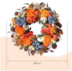 24-inch Fall Wreath Handcrafted Orange Blue Hydrangeas Pumpkins Wheat Front Door Wreath Corridor Courtyard Indoor Outdoor Decoration Thanksgiving Harvest Festival Party Celebration Decor - Image 3