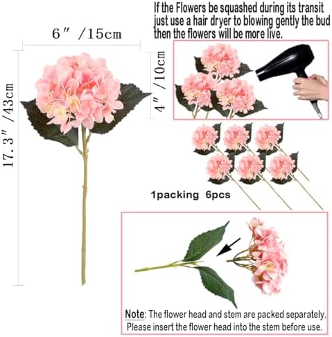 6Pcs 18" Pink Silk Hydrangea Artificial Flowers - Image 2