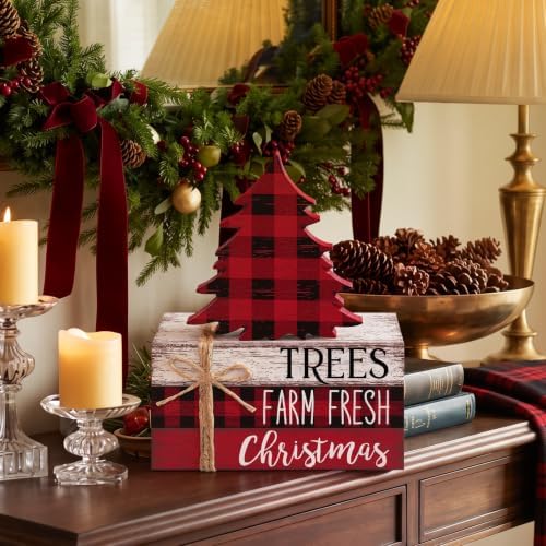 Geelin 4 Pcs Christmas Buffalo Plaid Table Decoration Wood Book Stack Signs - Image 6