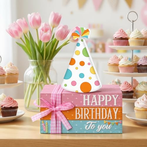 Geelin 4 Pcs Happy Birthday Table Decoration Wooden Book Stack Sign - Image 2