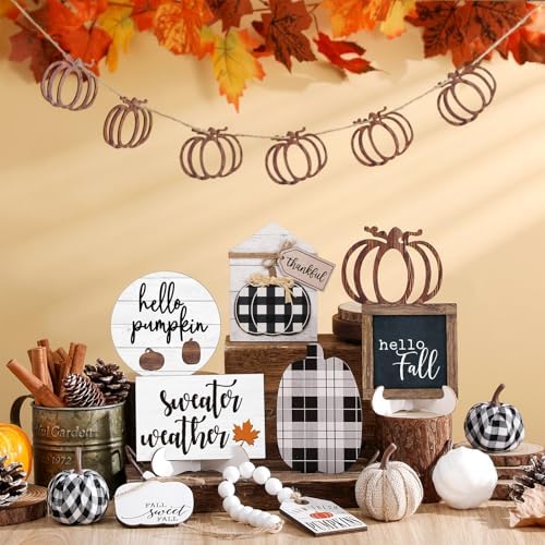Reallnaive 18 Pcs Fall Tiered Tray Decor, Vintage Plaid Pumpkin Signs - Image 2