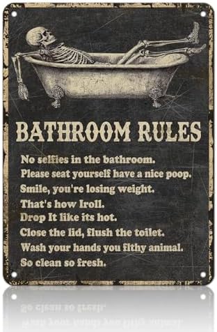 Funny Skull Bathroom Rules Metal Tin Sign Wall Decor - Vintage Bathroom Quote Tin Sign for Toilet Restroom Washroom Home Decor 12x16 Inch by KIYOYOHomeIsOurHappyPlace