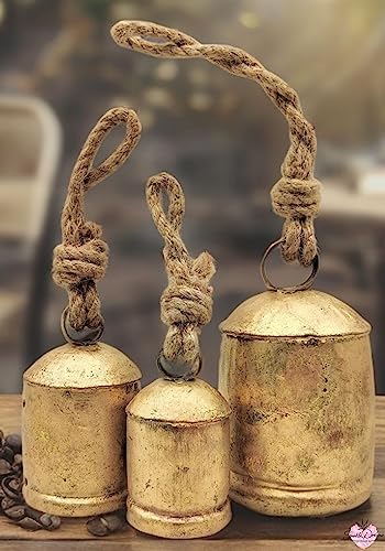 Shabby Chic Vintage Country Style Rustic Metal Bells Set of 3 Hanging Harmony Giant Cow Bells on Rope - Image 4
