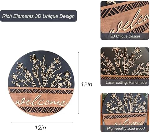 3D Welcome Sign for Front Door, Rustic Round Wood Wreaths Wall Hanging Modern Farmhouse Decor, House Warming Gifts New Home, Porch Fence Decorations for Spring Summer Fall All Seasons Holiday Outdoor - Image 4