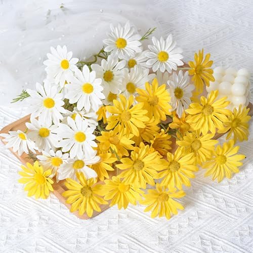 Artificial Daisy Flowers 12Pcs Artificial Flowers Silk Daisies with Stems Real Look for Home Wedding Garden Vase Decor (White+Yellow) - Image 3