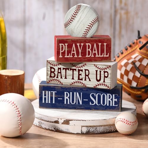 Yuntau 4 Pcs Baseball Table Decoration Wooden Sport Stacked Blocks Sign - Image 2
