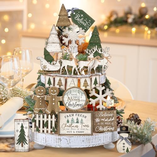 Shellwei 22 Pcs Christmas Tiered Tray Decor Set Xmas Table Centerpiece - Image 6