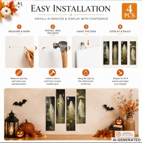 Vintage Halloween Sign, Ghost Decor Wall, 4 Pcs Halloween Hanging Signs - Image 7