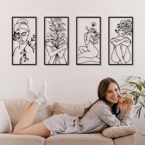 Bakovity Black Metal Wall Art, Abstract Woman Wall Decor, Minimalist Flower Line Decor, Modern Aesthetic Metal Wall Art for Bedroom Bathroom Living Room (4 Pcs, 17 x 9 in) - Image 6