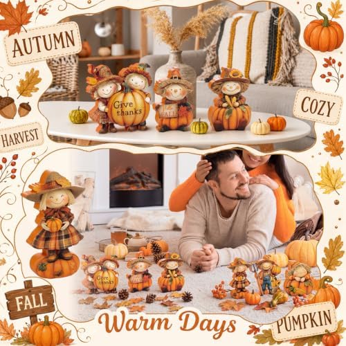 Vicenpal 6 Pcs Fall Thanksgiving Decoration Wooden Scarecrow Pumpkin Decor - Image 4