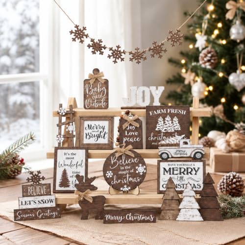 Mifoci 15 Pcs Christmas Neutral Christmas Tiered Tray Decor Rustic Wood - Image 5