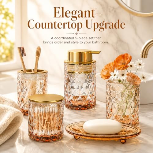 5 Piece Glass Bathroom Accessories Set, Brown & Gold Vanity Countertop Set - Image 6