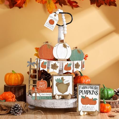 Reallnaive 18 Pcs Fall Tiered Tray Decor Set Classic Wood Signs - Image 2