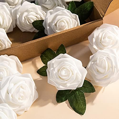 Artificial Flower Foam Rose 25pcs Real Looking Fake Rose with Stems Leaves for Home Decoration Party Garden Centerpieces DIY Wedding Bouquets（White） - Image 7
