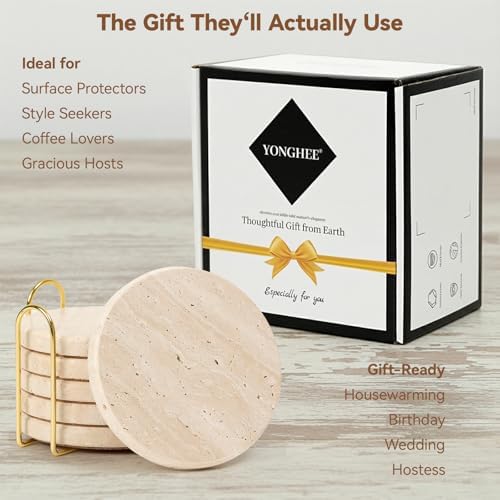 Travertine Marble Coasters Set of 6 with Holder, Cream Beige Stone - Image 7