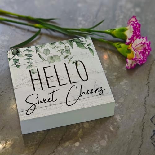 Rustic Bathroom Decor Farmhouse Hello Sweet Cheeks Wooden Sign, Toilet Rules Decoration for Farmhouse Apartment Shelves Toilet Restroom Home Tabletop Desk, Modern Toilet Shelves Accessory (Eucalyptus1) - Image 3