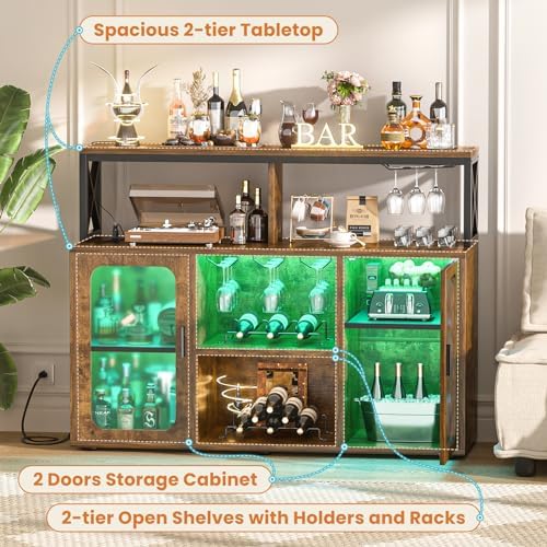 Aheaplus Bar Cabinet with Power Outlets, Liquor Cabinet with Led Lights and - Image 3