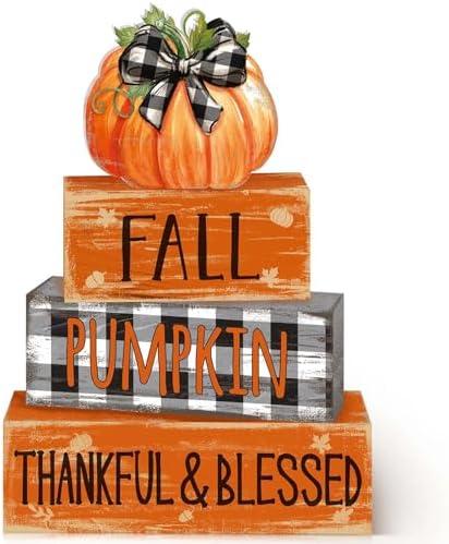 4 Pcs Fall Decor for Home Buffalo Plaid Pumpkin Wooden Signs with Blessed by Quzzil