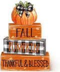 4 Pcs Fall Decor for Home Buffalo Plaid Pumpkin Wooden Signs with Blessed by Quzzil