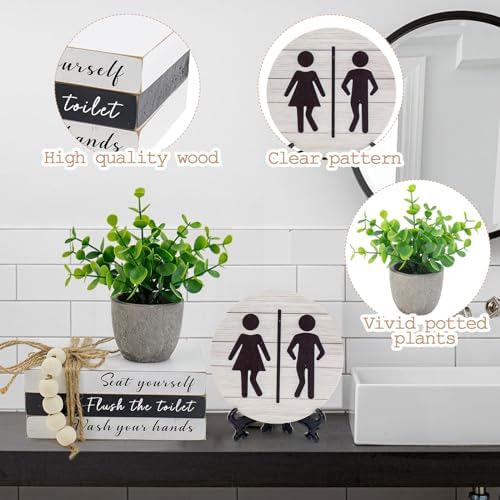 Bathroom Shelf Decor Signs, Book Stack and 3D Round Signs With Fake Plants, Funny Wooden Decor for Restroom Shelf Guest Bathroom (Flush the toilet) - Image 3