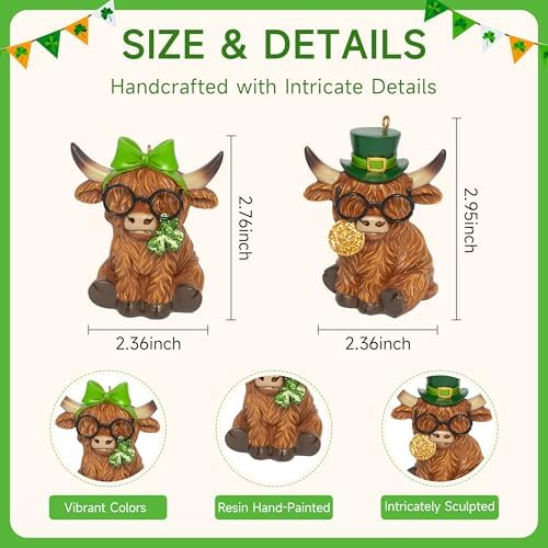 St Patricks Day Highland Cow Figurines Decor, Highland Cow Statue with Leprechaun's Gold Coins and Shamrock, St. Patrick's Day Gifts Resin Hanging Ornaments Statue for Party Home Table Decoration - Image 3