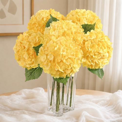 8 Pcs Real Touch Hydrangea Artificial Flowers, 21" Fake Flowers, Yellow by Yastouay