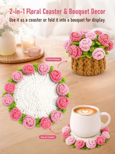 Crochet Flower Bouquet Coasters, Cotton Rose Gifts for Home Decor 1Pc - Image 6
