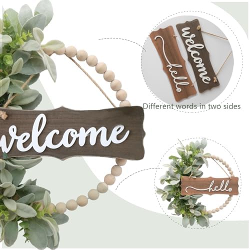 Green Wreath for Front Door, Wood Bead Wreaths with Artificial Lambs Ears Leaves, Hello and Welcome Door Sign Wreath for Home Decor, Spring Summer Green Leaf for Wedding Decor - Image 2