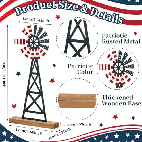 Tandefio 11.8 Inch Metal Patriotic Farmhouse Windmill Tabletop Decor - Image 2