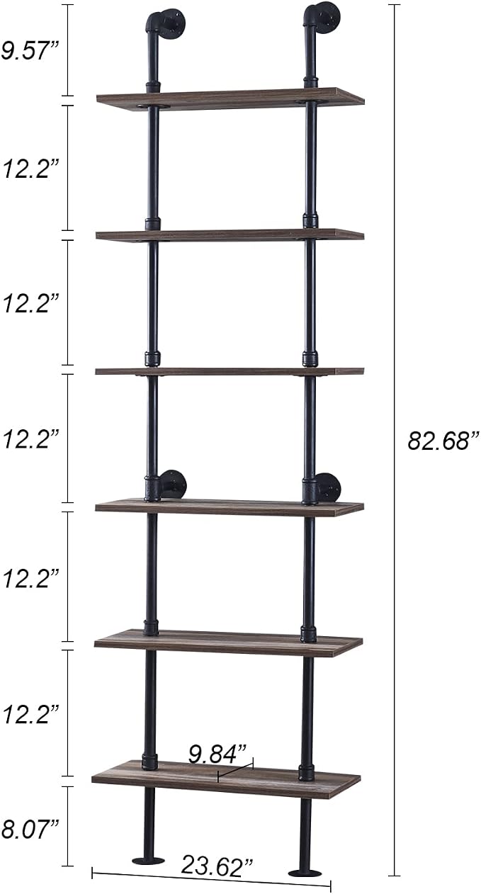 HOMBAZAAR Industrial Pipe Bookshelf, 6 Tier Pipe Shelving, Wall Mounted Ladder - Image 2