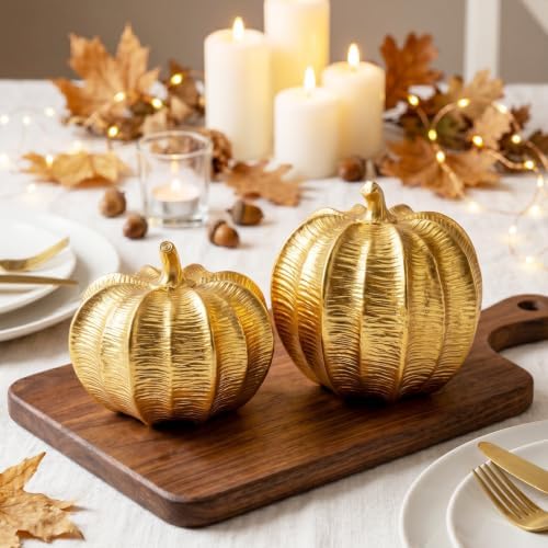 Gold Pumpkins Fall Decor, 2Pcs Modern Decorative Pumpkin Figurines - Image 3