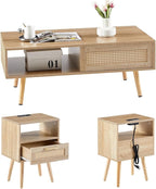 Rattan Center Table and Nightstand Set, 3-Piece Wood Living Room Table Set - Image 2