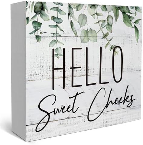 Rustic Bathroom Decor Farmhouse Hello Sweet Cheeks Wooden Sign, Toilet Rules Decoration for Farmhouse Apartment Shelves Toilet Restroom Home Tabletop Desk, Modern Toilet Shelves Accessory (Eucalyptus1) by Unknown