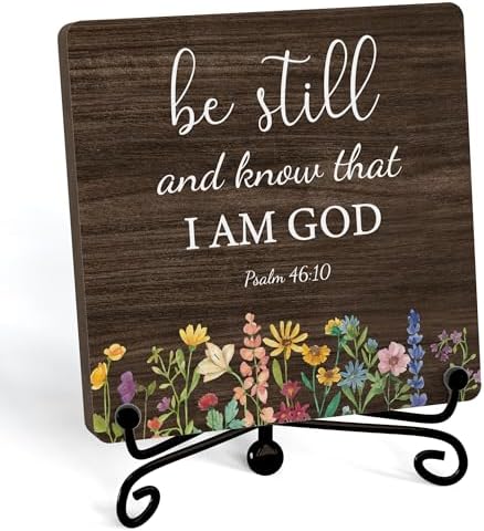 Inspirational Christian Desk Decor, Be Still And Know That I Am God Rutsic Sign, Desk Decorations For Office Home Living Room Bathroom, Eucalyptus Shelf Decor, Wooden Plaque With Stand (06) by JUSITAKEET