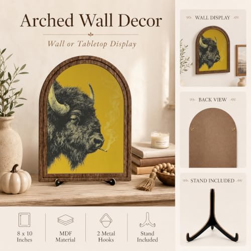 Rustic Home Wooden Frame Decor, Retro Whimsical Smoking Bison Framed Decor, Arched Wooden Frame with Stand, Vintage Buffalo Art Print, Funny Tabletop & Wall Accent for Living Room, Bedroom - Image 4