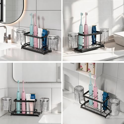 Toothbrush Holder, Wall Mount & Countertop, 2 Cup Hooks Black Metal - Image 5