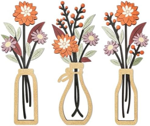 puthiac Wooden Floral Vase Wall Art Decor Set of 3, Harvest Dahlia by PUTHIAC